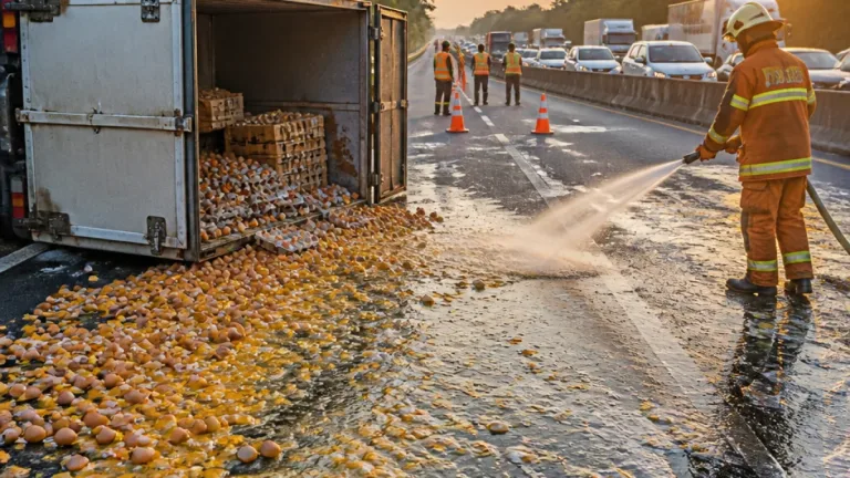 Truk muatan telur terguling di bypass Pandaan, jalan licin dan contraflow diberlakukan